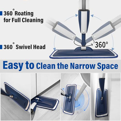 Microfiber Hardwood Floor Spray Mop with 3 Pads & Refillable Bottle | 400+ML refillable bottle, 360° swivel head, wet mopping & dry sweeping for hardwood, tile, laminate and sealed wood floors. - color: Dark Blue
