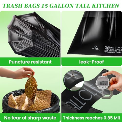 Trash Bags 15 Gallon Tall Kitchen Drawstring Garbage Bags,Fit 13-15 Gal Bins,Extra Strong&Leak-Proof,Unscented&Recyclable Trash Can Liners for Home Office Industrial Bathroom Garden Lawn(Black) - style: 13-15 Gallon-Black
