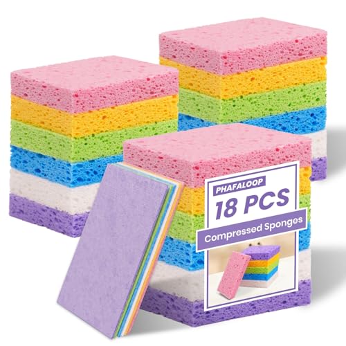 18 Pack Compressed Cellulose Sponges, 6 Color Assorted Kitchen Cleaning Sponges, Natural Wood Pulp, Scratch-Free, Durable & Reusable, Multipurpose Household & Dishwasher Safe