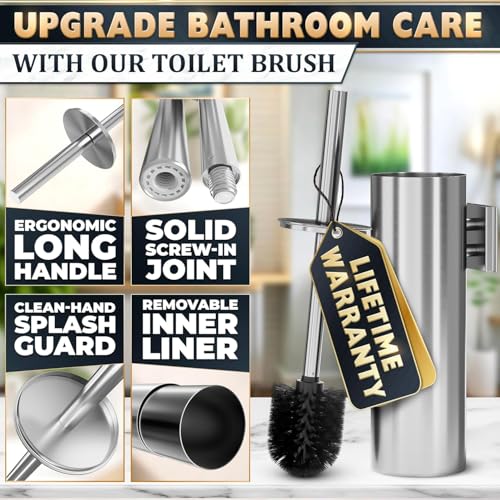 Silver Modern Toilet Brush and Holder Set with Wall Mount - Stainless Steel Toilet Brush with Holder - Removable Inner Bowl, Shiny Design, Splash Protection & Dense Bristles for Bathroom Cleaning - color: Silver Wall-mounted