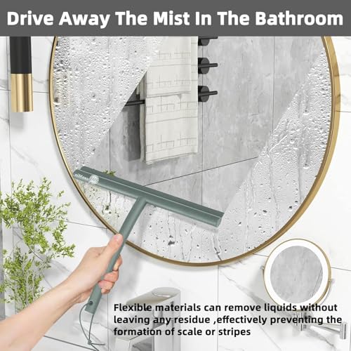 9 Inch Stainless Steel Core Silicone Shower Squeegee with Suction Cup & Hook Streak-Free Wiper for Glass Doors Shower Walls Mirrors Windows Bathroom Cleaning (Grey) - size: Round Head-9 inch（Grey）