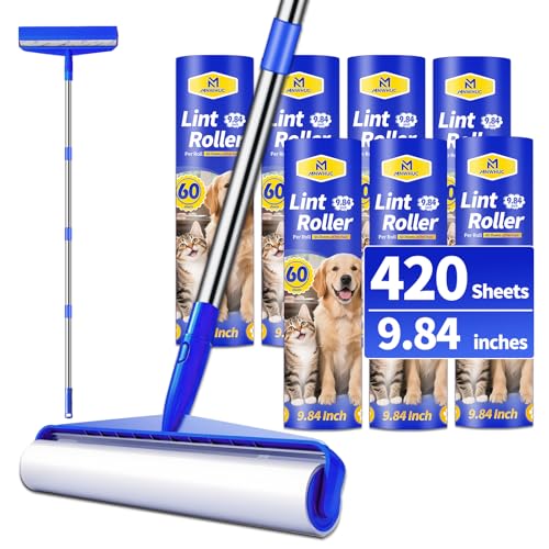 9.84" Large Extra Sticky Lint Roller, 58.3" Long Handle Lint Remover with 7 Rollers for Clothes, Cat Dog Pet Hair, Furniture, Couch, Carpet, Floor，Painted Wall Cleaner Mop Dust Cleaning