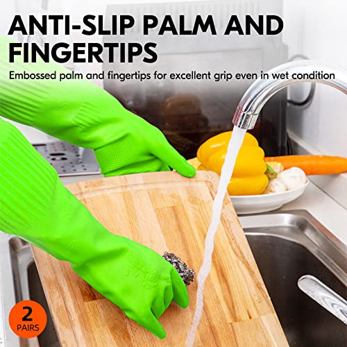 Vgo 2-Pairs Dishwashing Gloves, Reusable Household Gloves, Long Sleeve, Thick Latex, Cleaning, Washing, Working, Painting, Gardening, Pet Care (Size L, Green, RB2143)