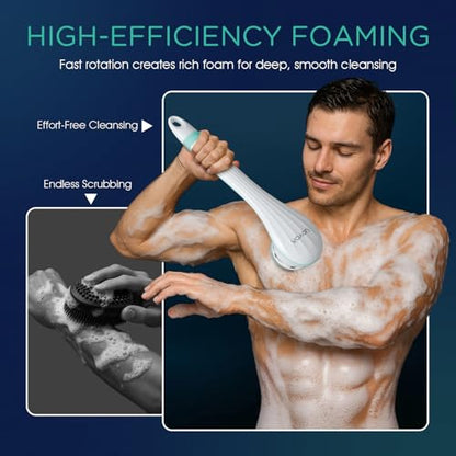 VOYOR Electric Silicone Body Scrubber, Back Scrubber for Shower, Waterproof Long Handle Body Brush, Rechargeable Power Bath Brush for Cleansing, Exfoliating, Massaging Skin BC100 (Blue) - color: Blue