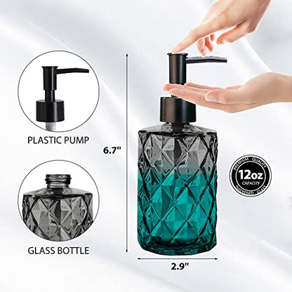 11oz Glass Soap Dispenser with Plastic Pump, Clear & Black Diamond Design Refillable Hand Soap Dispenser for Hand Wash and Dish Wash for Dishwashing Liquid, Lotion Shower Gel - color: Diamond Black & Diamond Clear