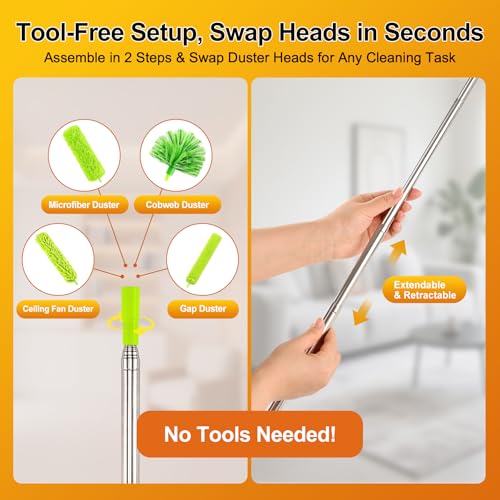 Tiumso Duster with Extension Pole 100 inch Extendable Reusable Dusters for Cleaning 5-in-1 Anti-Spin Dusting Kits for High Ceiling Fans, Cobwebs & Vents, Reinforced Stainless Steel Telescopic Handle - color: Lime Green