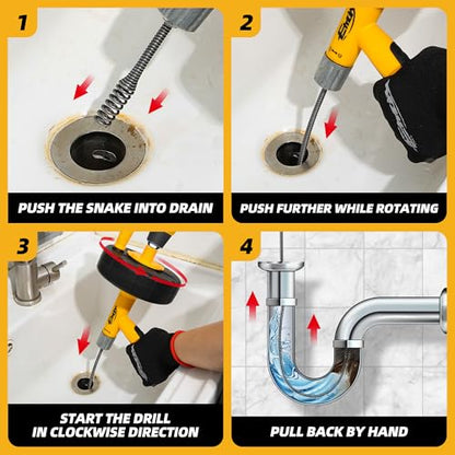 Drain Augers, Clog Remover with Drill Adapter, 25 Feet Heavy Duty Flexible Plumbing Snake Use Manually or Powered