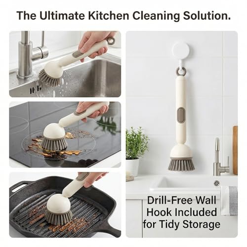Soap Dispensing Dish Brush Set with 6 Adjustable Angles, No-Leak Kitchen Scrub Brush with Holder & Silicone Scraper, Heavy Duty Dish Wand for Pots, Pans, Sink & Countertop