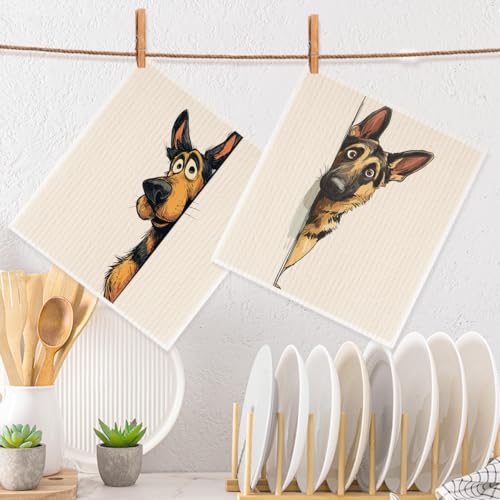 2 Pcs Cartoon Peeking German Shepherd Dog Swedish Dishcloths for Kitchen, Absorbent Reusable Paper Towels, Cute Puppy Geometry Kitchen Towels for Bathroom Home, Dog Lover Gifts for Women - color: Sz 0756