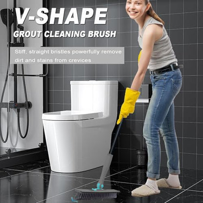 Grout Brush with Long Handle V Shape Floor Scrub Brush Stiff Bristle Grout Scrubber for Cleaning Bathroom Garage Kitchen Wall Tub Tile (1, Grey) - color: Gray