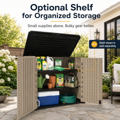 ADDOK 26 Cu.Ft Outdoor Storage Shed with Floor,Large Waterproof Resin Storage Cabinet with Lift-Up Lid,Double Doors and Lockable Design for Lawn Mower,Garden Tools, Patio,Backyard and Pool Supplies - size: 26 Cu.Ft-Brown