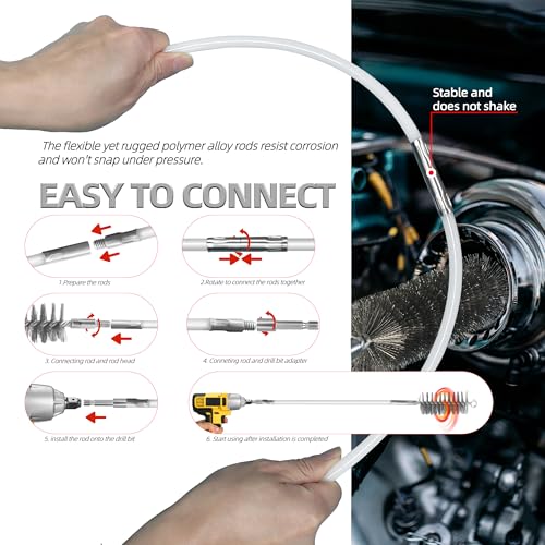 Drill-Powered Chimney & Pipe Cleaning Brush Kit - 50" Flexible Rods, 4 Stainless Steel Brush Heads (15-50mm), for Fireplace, Auto Parts, Tubes
