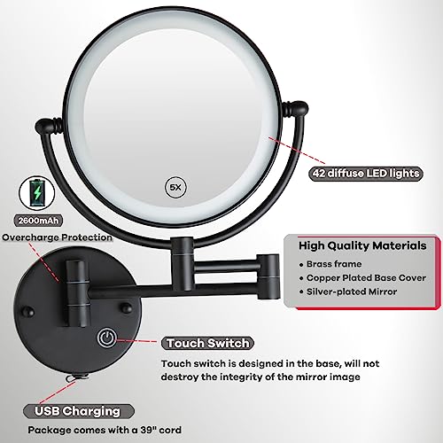 Rechargeable Bathroom Makeup Mirror with Light Wall Mounted, Brass 1/5X 2 Sided Magnifying Mirror with Extension Swing Arm, Touch Dimmable 360 Rotation Foldable Led Vanity Mirror, Matte Black - color: Matt Black