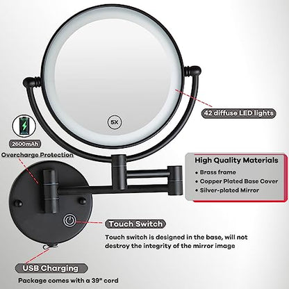Rechargeable Bathroom Makeup Mirror with Light Wall Mounted, Brass 1/5X 2 Sided Magnifying Mirror with Extension Swing Arm, Touch Dimmable 360 Rotation Foldable Led Vanity Mirror, Matte Black - color: Matt Black