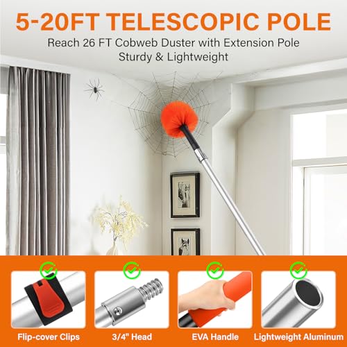 Feather Dusters,Cobweb Duster with 5-20FT Extension Pole | Spider Web for Outdoor & Indoor Web Cleaning | Soft Bristle | Lightweight Extendable Handle | 3/4" Standard Acme Threaded Fits Cleaner Tool - size: 20 FT(Reach 26FT)