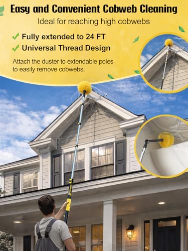 6-24ft Cobweb Duster with Extension Pole, Opow 32ft High Reach Spider Web Brush, Aluminum Telescopic Pole, Webster Duster with 2 Washable Heads and Universal Joint Angle Adaptor for Outdoor & Indoor - size: 24 feet