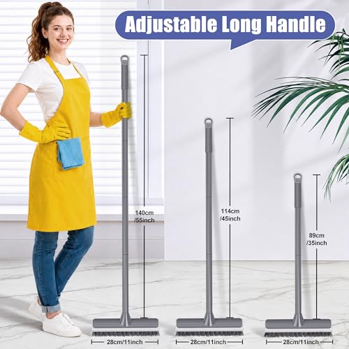 2 in 1 Floor Scrub Brush: Deck Brush with Squeegee - Long Adjustable Handle - 55'' Stiff Bristle Scrape Brush for Deck Patio Garage Shower Bathroom