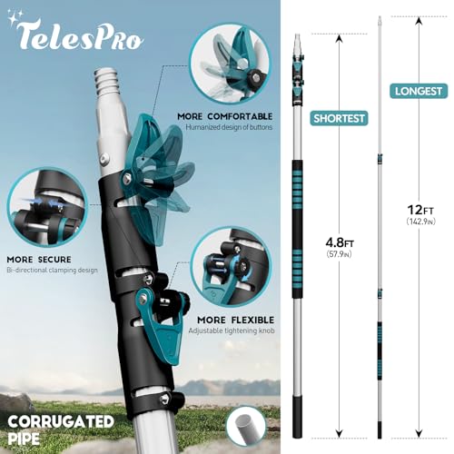 TelesPro 12FT Car Wash Brush with Long Handle, Car Cleaning Kit with Soft Wash Brush, Tire Brush, Window Squeegee, Microfiber Cleaning Head, Mitt, for House Siding, Auto Cars, Trucks, SUV, RV, Floors