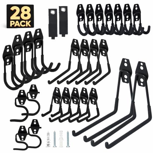 28 Pack Steel Heavy Duty Garage Hooks Storage Hooks with Anti-Slip Coating, Utility Garage Wall Mount Hanger and Organizer for Bikes, Ladder, Rope, Broom, Shovel and Garden Power Tools (28, Black) - color: Black