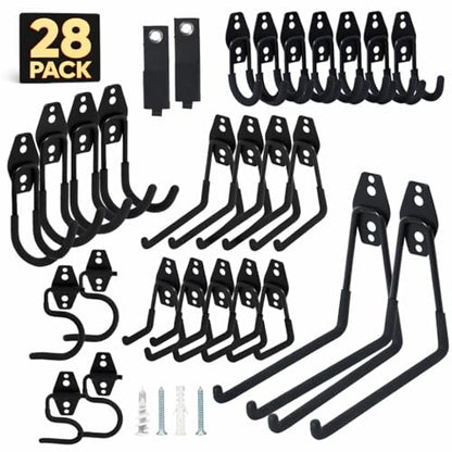 28 Pack Steel Heavy Duty Garage Hooks Storage Hooks with Anti-Slip Coating, Utility Garage Wall Mount Hanger and Organizer for Bikes, Ladder, Rope, Broom, Shovel and Garden Power Tools (28, Black) - color: Black