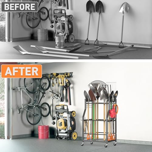 TORACK Garden Tool Organizer with Wheels, Rakes Shovels Yard Tools Stand for Garage, Shed, Garden, Indoor/Outdoor Long-Handled Tools Cart(Mid-size) - style: Mid-size Tool Stand