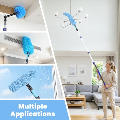 20ft High Reach Extendable Duster Kit with 5-12ft Extension Pole - Ceiling Fan Blade Cleaner, Spider Web Brush Cobweb Remover, Window Squeegee Kit with Telescoping Wand, Extended Extra Long Handle - size: 12FT POLE (Reach 20FT High)