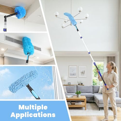 20ft High Reach Extendable Duster Kit with 5-12ft Extension Pole - Ceiling Fan Blade Cleaner, Spider Web Brush Cobweb Remover, Window Squeegee Kit with Telescoping Wand, Extended Extra Long Handle - size: 12FT POLE (Reach 20FT High)