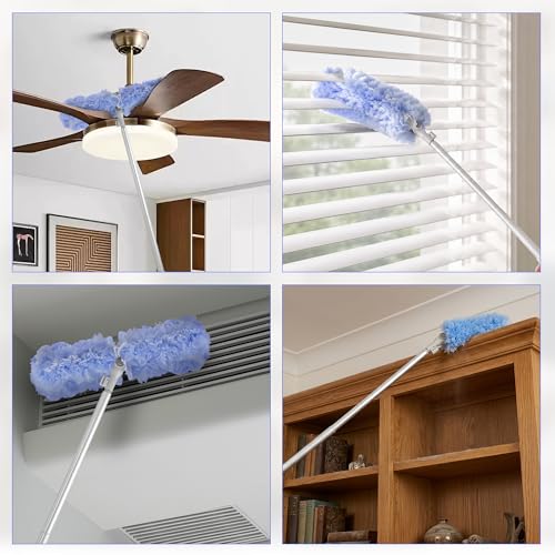 Duster Extended Handle & Long Duster, Compatible with Swiffer, 65.7" Stainless Steel Extension Pole, Locking Angle Fan Duster for Ceiling Fans, Blinds, Tall Cabinets & Home Cleaning Supplies,1 Pack