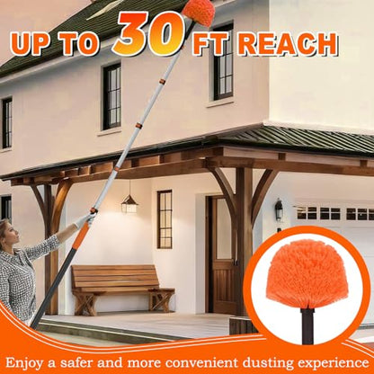 SISUPASSIE 30FT Reach Cobweb Duster with Extension Pole, High Ceiling Long Duster with 5-24FT Telescoping Pole, Spider Web Brush for Indoor Outdoor Use - size: 24FT