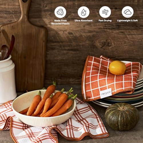 RECYCO Waffle Kitchen Towel Set of 2 - Quick Dry Microfiber Sustainable Dish Towels - Ultra Absorbent Reusable Cleaning Tea Towels - Lightweight Hand Towels,16”x 28”, Farmhouse Plaid - color: Farmhouse Plaid