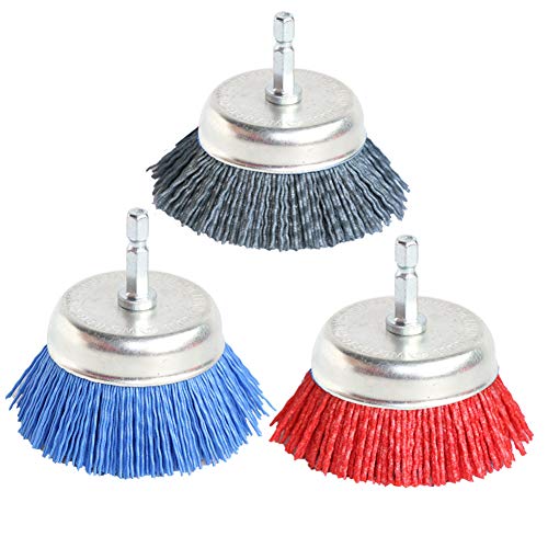 FPPO 3Pcs 3 Inch Assorted Cup Brushes Abrasive Wire Nylon Cup Brush for Drill,Grit 80 120 320 with 1/4" Shank,Rotary Brushes for Machines - style: mix3pcs