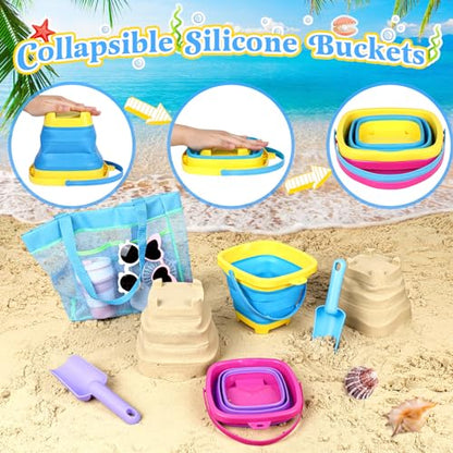 Collapsible Beach Buckets for Kids, 2 Packs Foldable Sand Buckets and Shovels with Mesh Beach Bag, Silicone Sand Pails for Toddlers Beach Toys, Easter Egg Hunt, Camping, Travelling, Fishing Water Pail - style: 2 Buckets