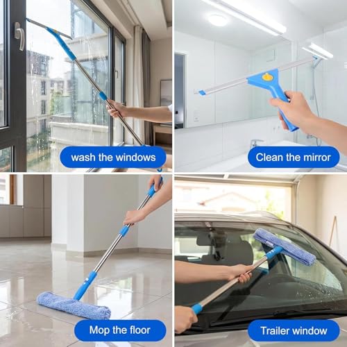 Window Cleaner Kit With Bucket - Glass Cleaning System With Microfiber Cloth Extendable Pole | Adjustable Length Heavy-Duty Equipment Window Cleaner Tools For Car Windshield Tile Glass Patio Door Prof