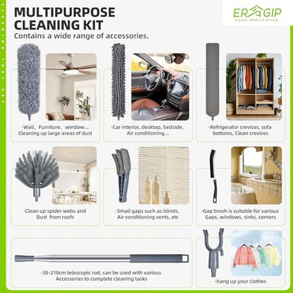 Extendable Feather Duster with Extension Pole 30 to 100 Inches, 11 Pcs Cleaning Kit with Microfiber Feather Dusters, Crevice Cleaning Brush, for Cobwebs, Blinds, Furniture, High Ceilings & Cars