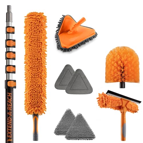 30 Foot High Reach Duster Kit with 5-24 ft Extension Pole // High Ceiling Dusting and Window Cleaning Kit with Telescopic Pole // Baseboard and Wall Washer Mop, Squeegee, Fan Blade & Cobweb Dusters - size: 24 feet