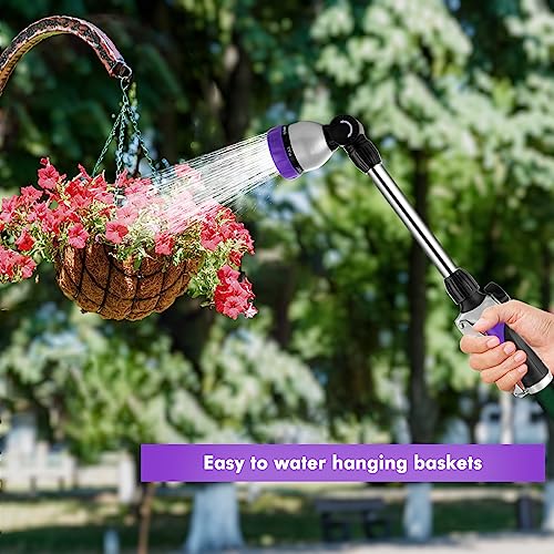 RESTMO Metal Watering Wand, Heavy Duty Garden Hose Wand with 180° Swivel Ratcheting Head, 16'' Hose Nozzle Sprayer with 7 Spray Patterns and Flow Control, for Water Hanging Baskets and Shrubs, Purple - color: Purple