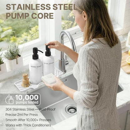 Kitchen Soap Dispenser Set, Kitchen Sink Organizer with Self Draining Silicone Tray, 2 x 17oz Glass Soap Dispensers, Stainless Steel Pumps, Bamboo Brush & Sisal Sponge - White - color: White Bottle + Black Pump