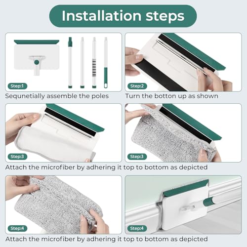 Baseboard Cleaner Tool with Handle, 60" Extendable Long Handle Baseboard Cleaner with 5 Reusable Pads for Baseboards Cleaning, Ceiling, Wall, Floor, Bathroom, Kitchen - size: Green