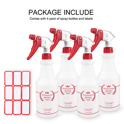 Uineko Plastic Spray Bottle (4 Pack, 24 Oz, All-Purpose) Heavy Duty Spraying Bottles Leak Proof Mist Empty Water Bottle for Cleaning Solution Planting Pet with Adjustable Nozzle and Measurements - size: 24 Oz, 4 Pack