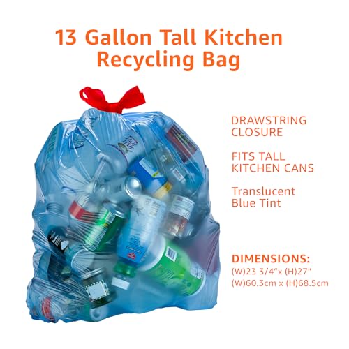 Amazon Basics Blue Recycling Drawstring Trash Bags, Tall Kitchen, Unscented, 13 Gallon, 60 Count - size: 60 Count (Pack of 1)