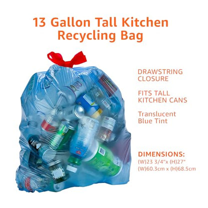 Amazon Basics Blue Recycling Drawstring Trash Bags, Tall Kitchen, Unscented, 13 Gallon, 60 Count (Pack of 6) - size: 60 Count (Pack of 6)