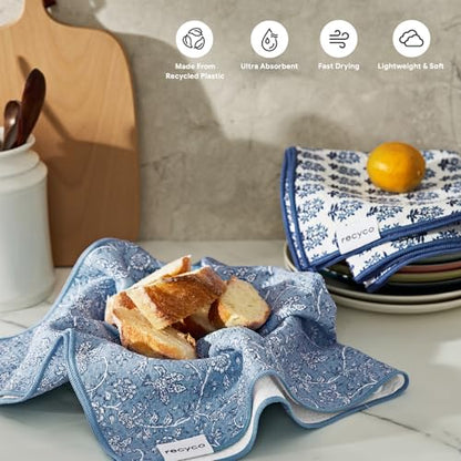 RECYCO Waffle Kitchen Towel Set of 2 - Quick Dry Microfiber Sustainable Dish Towels - Ultra Absorbent Reusable Cleaning Tea Towels - Lightweight Hand Towels,16”x 28”, Porcelain Blue - color: Porcelain Blue