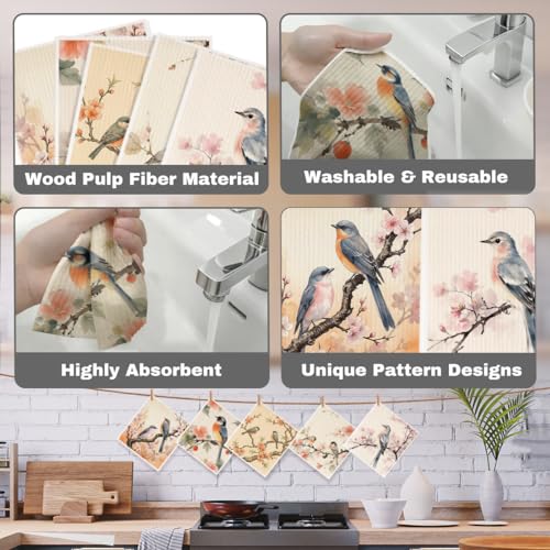 5 Pcs Watercolor Bird & Flower Swedish Dishcloths, Bird Themed Swedish Dishcloth, Artistic Dish Cloths for Drying Dishes, Reusable Cleaning Cloths, Housewarming Gifts for Women - color: Lm 04243