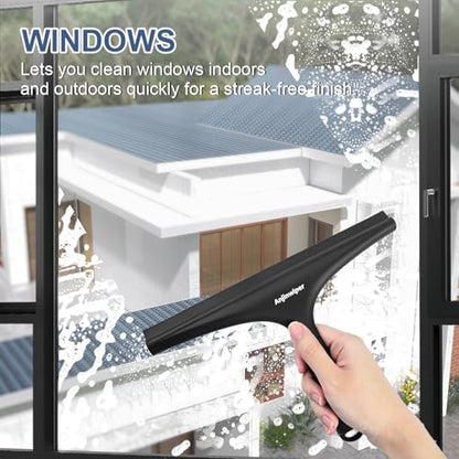 Shower Squeegee with Hang Hook, Bathroom Squeegee for Shower Glass, Tile Wall, Window, Floor, Mirror - 10 in + Silicone, No-Squeak & Streak-Free & Non-Slip Home Car Cleaner Kit Tool - color: Whole-black