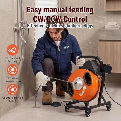 50FT x 1/2 Inch Drain Cleaner Machine, Electric Drain Auger on 4 Wheels for 1"-4" Pipes, Enclosed Metal Drum with 4 Cutters & Pneumatic Foot Switch, Sewer Snake Auger - style: 50FT x 1/2inch