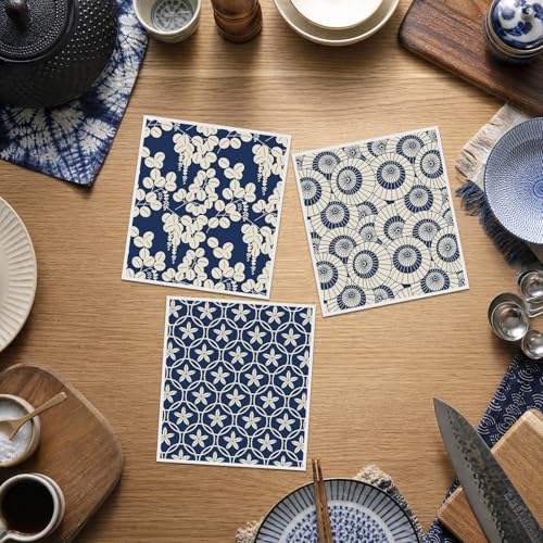 Swedish Dishcloths for Kitchen, 6 Pcs Reusable Blue Japanese Pattern Dish Cloths, Absorbent Cellulose Sponge Cleaning Towels Wipes for Cooking Home Decor Housewarming Gifts - style: Blue Japanese