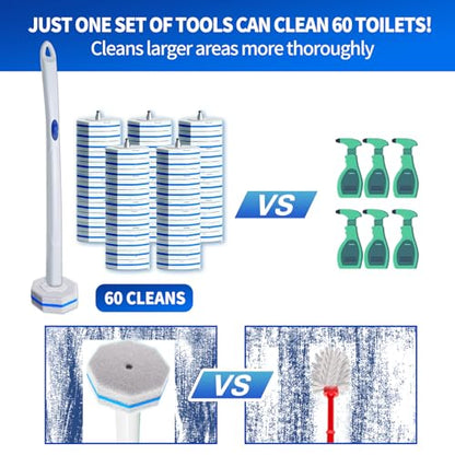 Disposable Toilet Brush Set with 60 Replacement Heads, Toilet Cleaning Replacement Pads, Starter Kit with Storage Case for Deep Cleaning and Hygienic Bathroom Maintenance