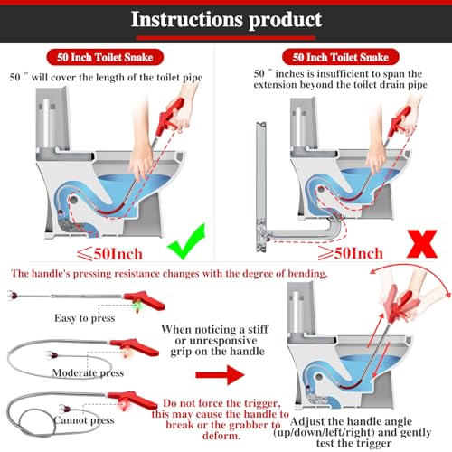Toilet Snake Drain Clog Remover with Flexible Grabber Claw Use for Toilet Drain Auger Retrieve Lost Toys/Items, Clear Mild Clogs Affordable Alternative to Plumbers for Effective Drain Unclogging - style: 51"Toilet Auger