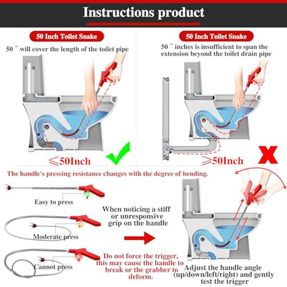 Toilet Snake Drain Clog Remover with Flexible Grabber Claw Use for Toilet Drain Auger Retrieve Lost Toys/Items, Clear Mild Clogs Affordable Alternative to Plumbers for Effective Drain Unclogging - style: 51"Toilet Auger
