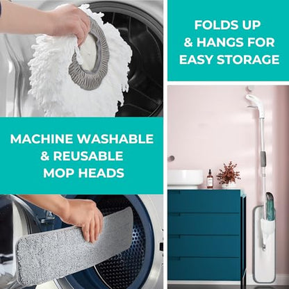 True & Tidy Clean Everywhere Spray Mop Kit - Premium Floor Cleaner with Flat, Round, and Squeegee Mop Heads (White) - color: White